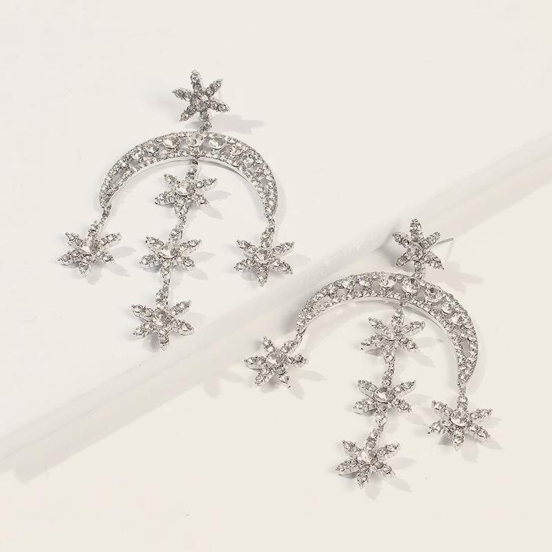 

1pair Rhinestone Engraved Moon & Star Drop Earrings, Silver