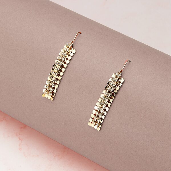 

1pair Rhinestone Strand And Chainmail Earrings, Gold