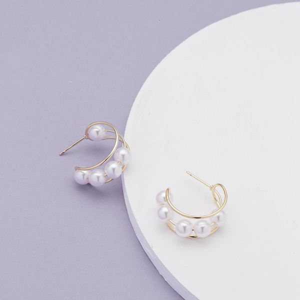 

1pair Triple Hoop Pearl Detail Earrings, White
