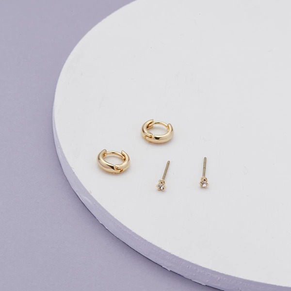 

2pair Crystal Stud And Mini Hoop Earrings, Gold