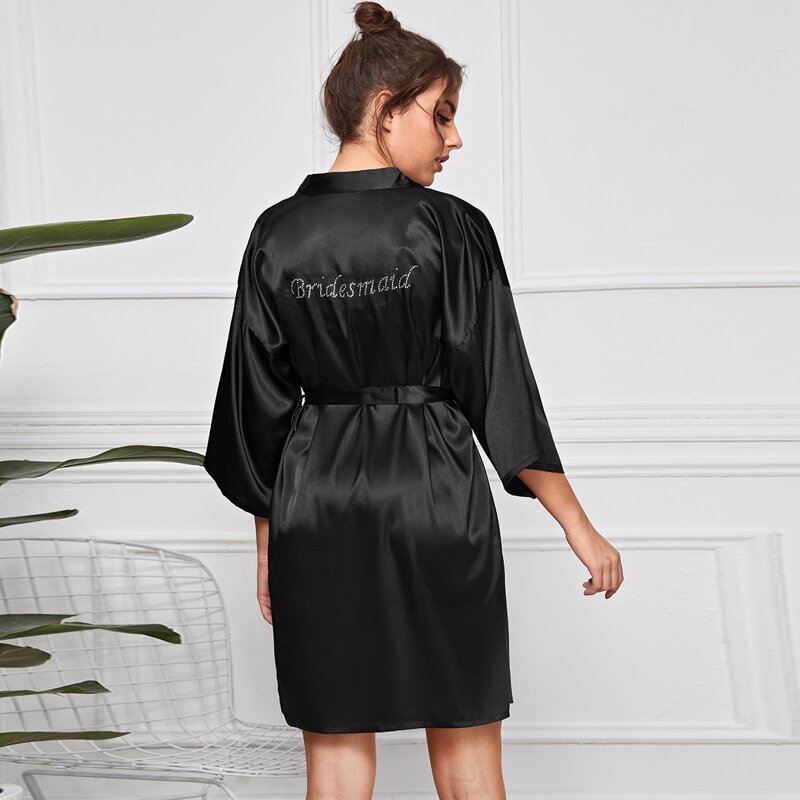 

Letter Graphic Belted Satin Robe, Black