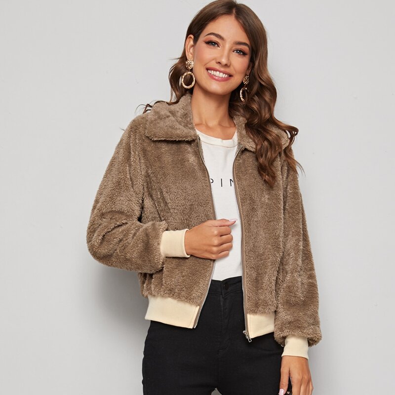 

Zip Up Contrast Hem Teddy Jacket, Brown