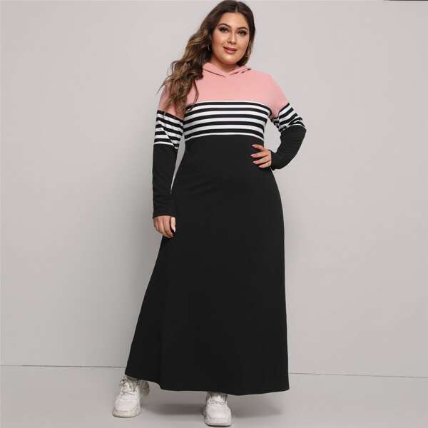 

Plus Striped Color Block Hooded Dress, Multicolor