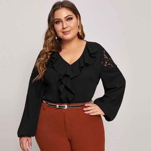 

Plus Lace Insert Ruffle Trim Top, Black
