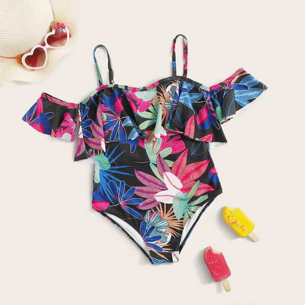 

Girls Floral Print Ruffle Trim One Piece Swimwear, Multicolor