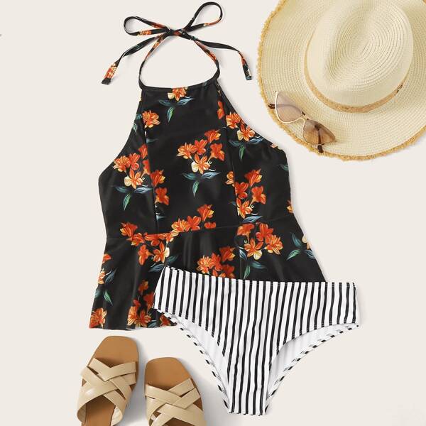 

Floral Random Print Halter Tankini, Multicolor