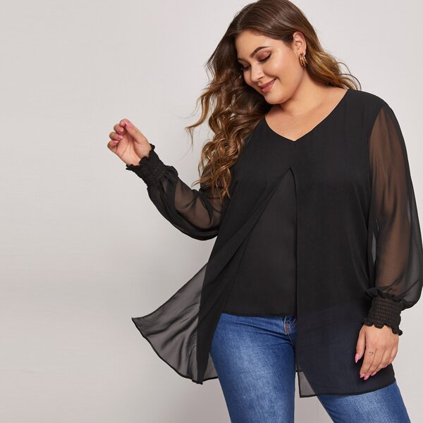 

Plus V-neck Split Front Shirred Cuff Chiffon Blouse, Black