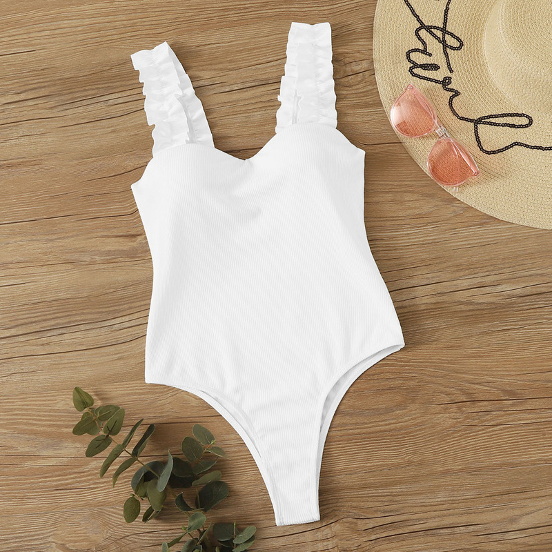 

Rib Frill Trim One Piece Swimsuit, White