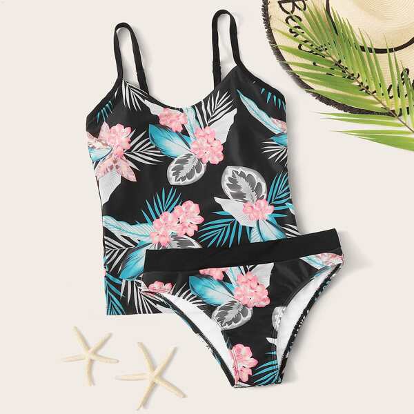 

Tropical Random Print Tankini, Multicolor