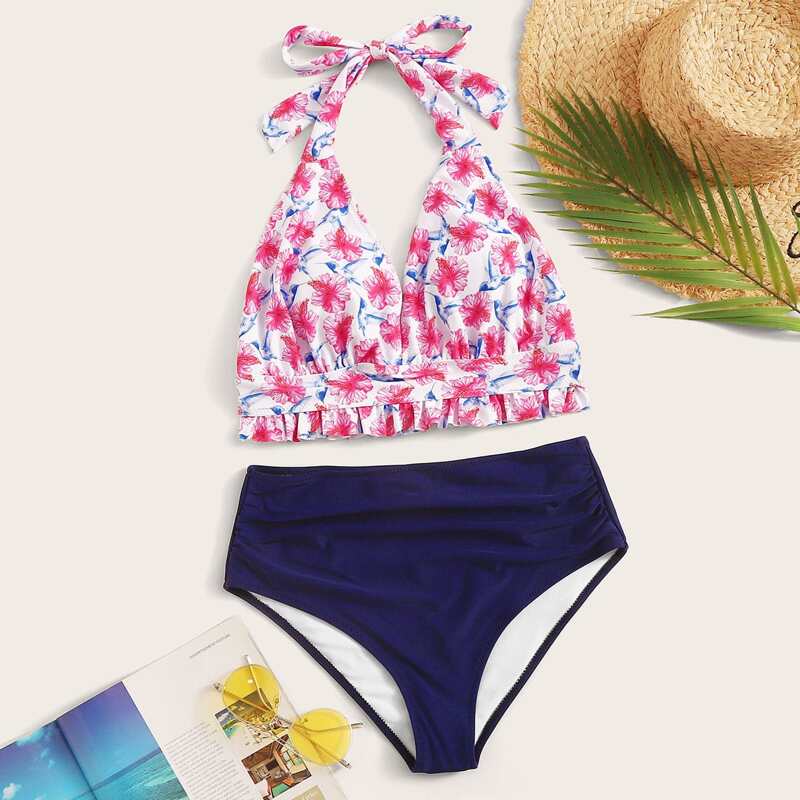 

Floral Random Print Halter Top With High Waisted Bikini Set, Multicolor