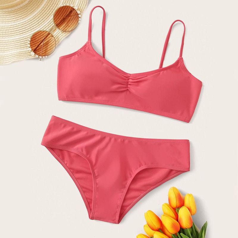 

Solid Ruched Top With Low Rise Bikini Set, Red