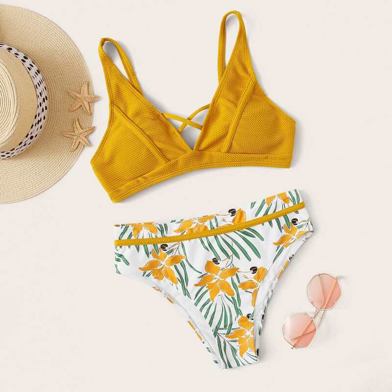 

Criss Cross Top With Floral Print Bikini Set, Multicolor