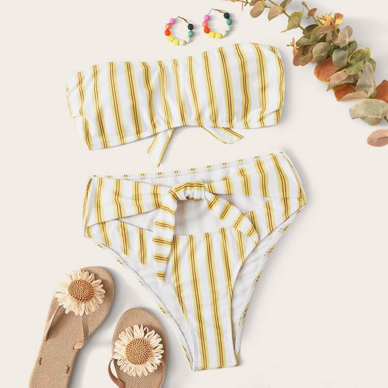 

Striped Bandeau With Knot Cutout Bikini Set, Multicolor