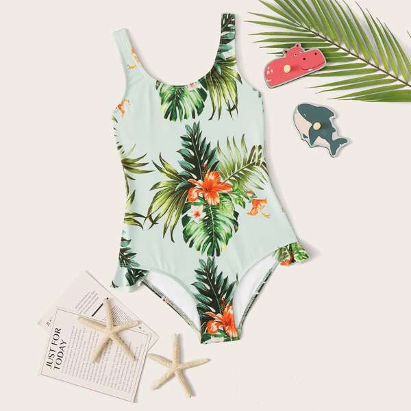 Girls Palm Print One Piece Swimwear, Green