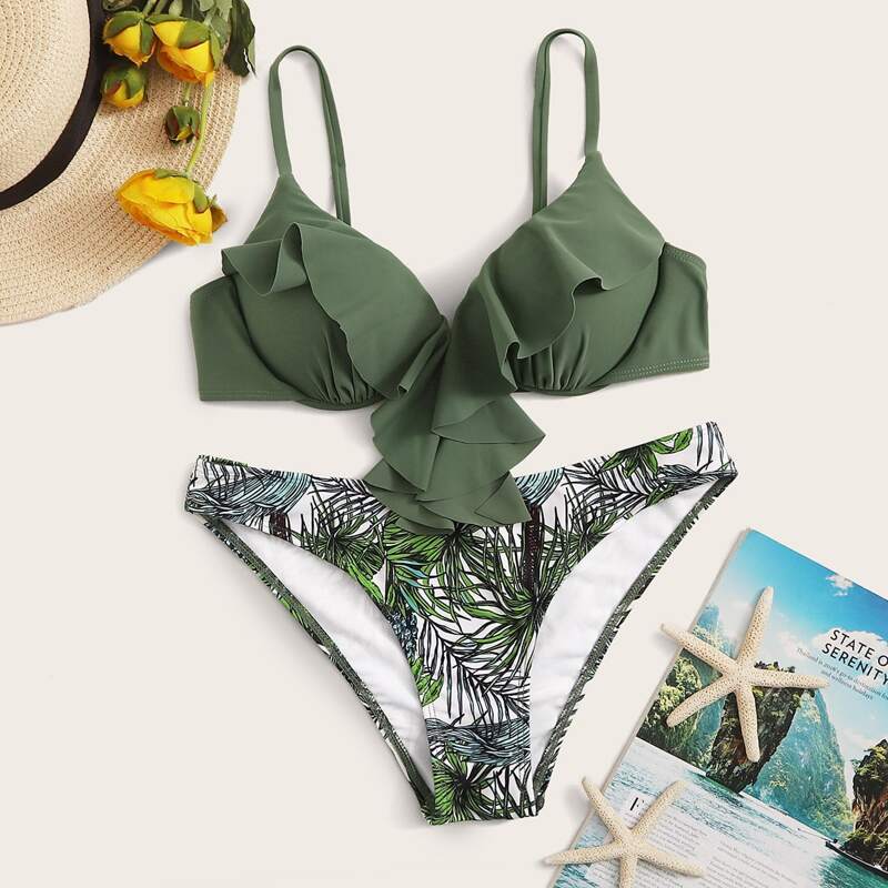 

Ruffle Top With Tropical Print Bikini Set, Multicolor