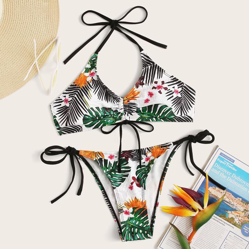 

Tropical Drawstring Top With Tie Side Bikini Set, Multicolor