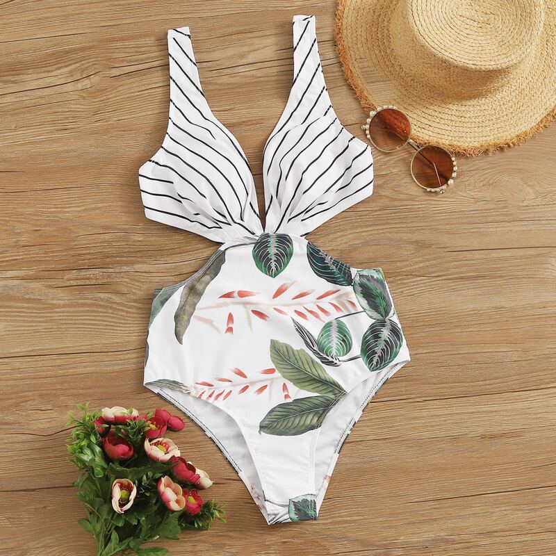 

Striped & Leaf Print Cutout One Piece Swimwear, Multicolor