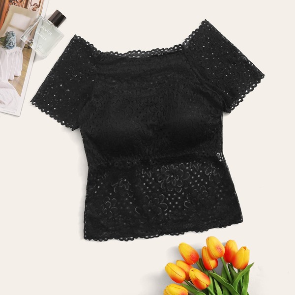 

Floral Lace Short Sleeve Bralette, Black