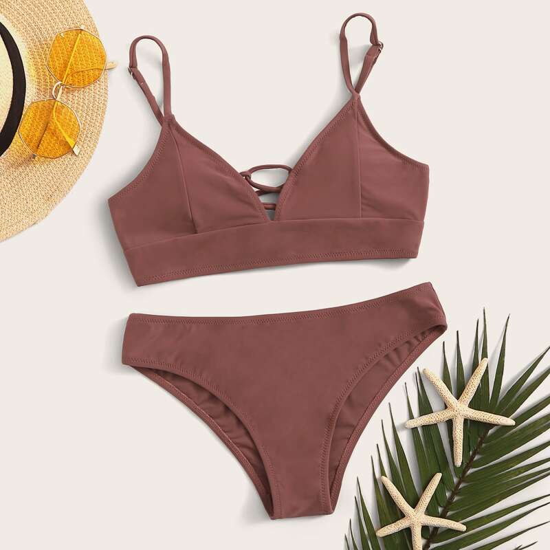 

Solid Lace-up Back Bikini Swimsuit, Dusty pink