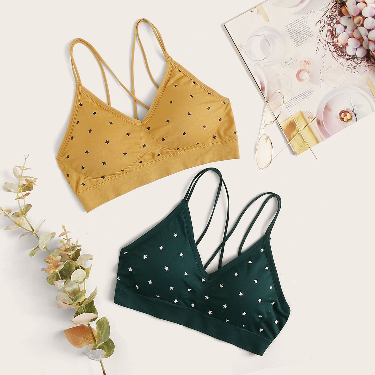 

2pack Star Print Criss Cross Bra Set, Multicolor