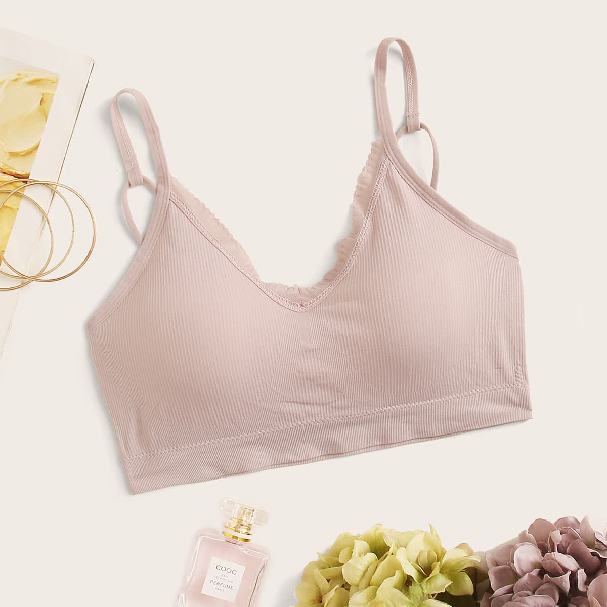 

Solid Ribbed Bralette, Pink