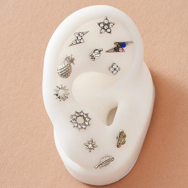 

11pcs Rhinestone Engraved Flower & Star Design Earrings, Silver
