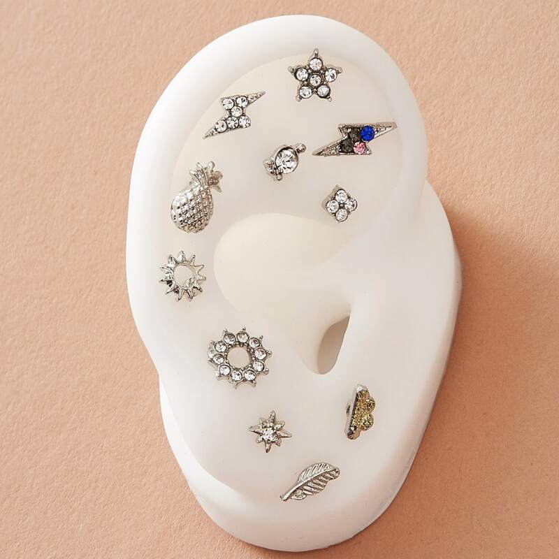 

11pcs Rhinestone Engraved Flower & Star Design Earrings, Silver