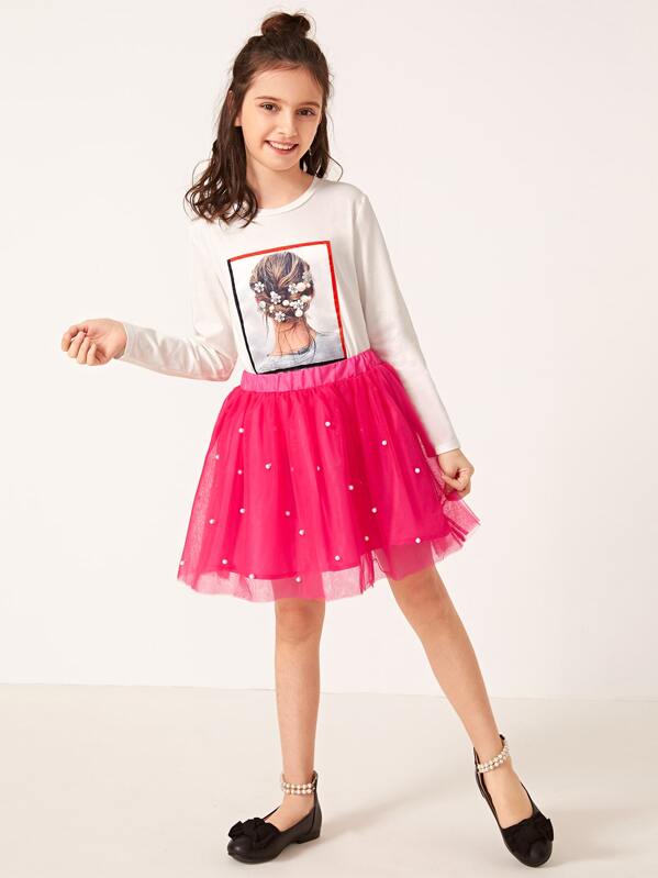 

Girls Figure Graphic Top & Pearls Mesh Skirt Set, Multicolor, Carol L