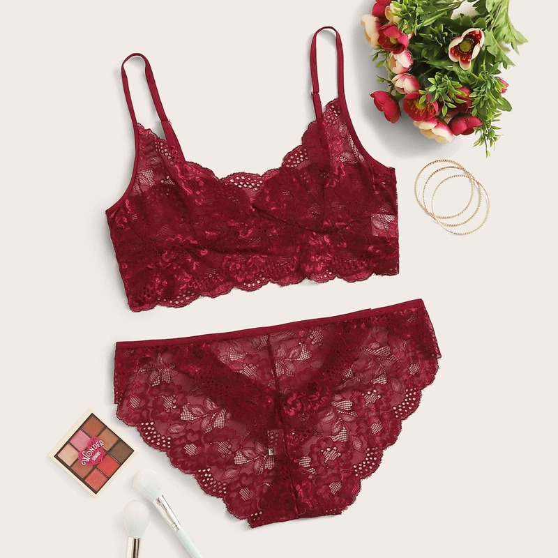 

Floral Lace Scallop Lingerie Set, Red