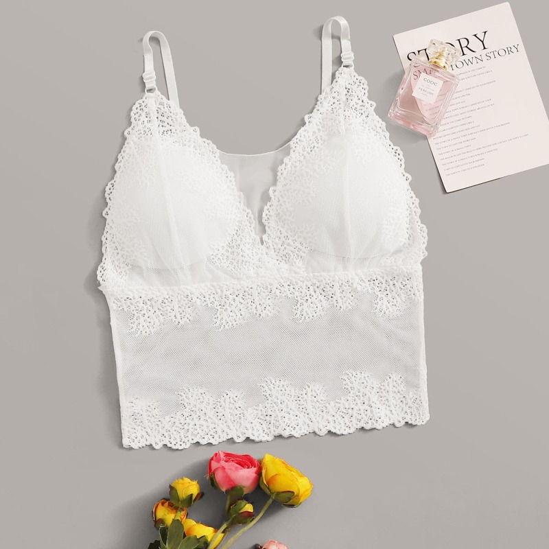 

Adjustable Strap Lace Longline Bralette, White