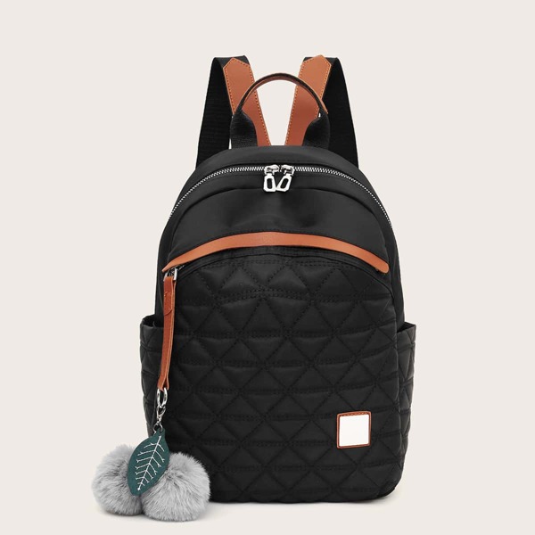 

Pom-pom Decor Quilted Backpack, Black