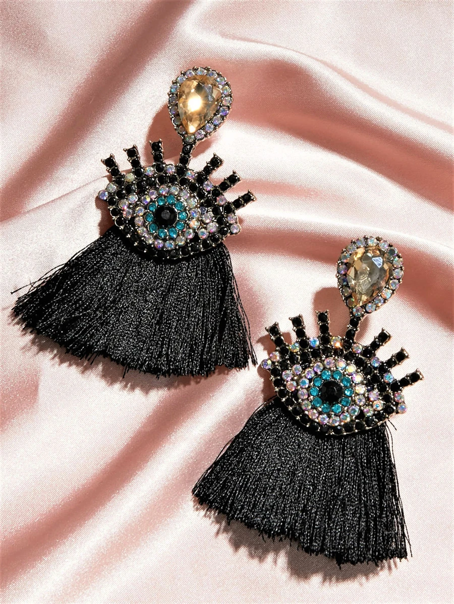1pair Rhinestone Decor Eye Decor Tassel Drop Earrings - Black - View 1