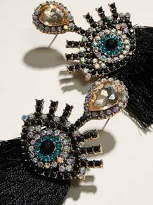 1pair Rhinestone Decor Eye Decor Tassel Drop Earrings - Black - View 2
