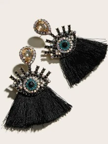 1pair Rhinestone Decor Eye Decor Tassel Drop Earrings - Black - View 3