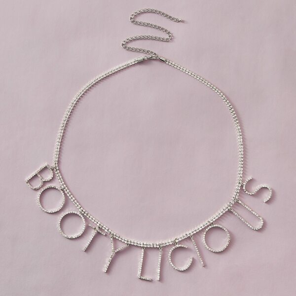 

1pc Rhinestone Engraved Letter Charm Waist Chain, Silver