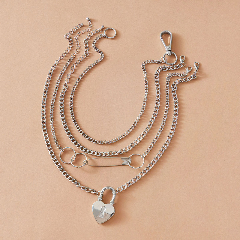 

4pcs Safety Pin & Hoop Chain Necklaces, Silver