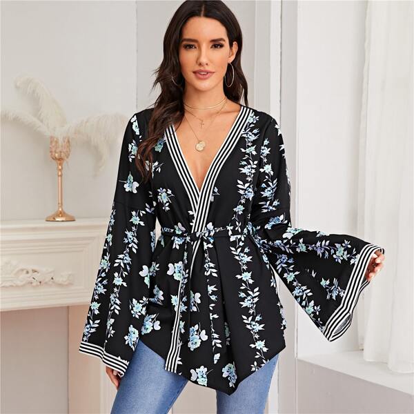 

Striped & Floral Print Self Tie Kimono, Black