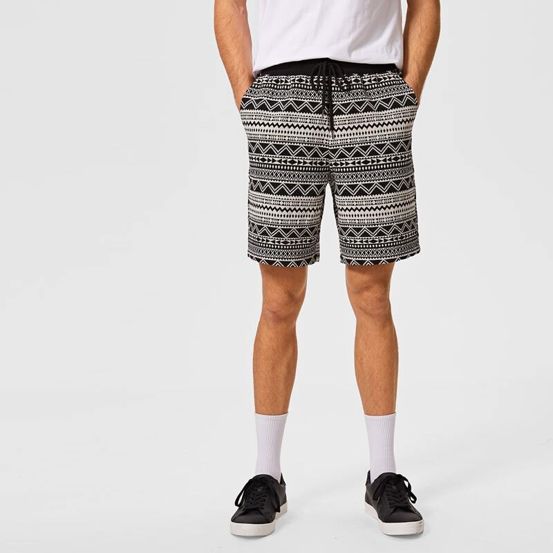 

Guys Drawstring Waist Slant Pocket Tribal Shorts, Black and white