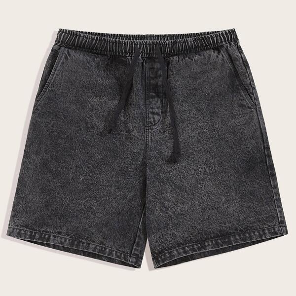 

Men Drawstring Waist Slant Pocket Denim Shorts, Black