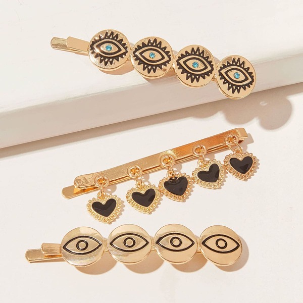 

3pcs Eye & Heart Decor Hair Clip, Gold