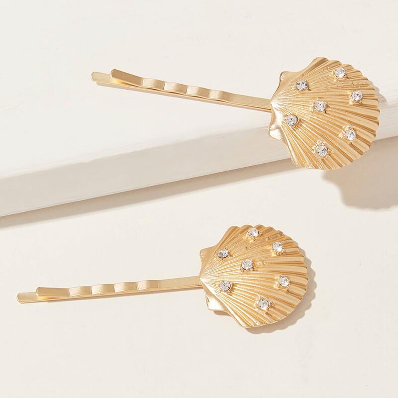

2pcs Rhinestone Engraved Shell Hair Clip, Gold