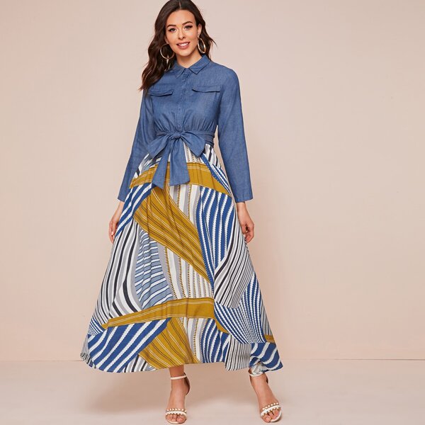 

Flap Detail Belted Combo Shirt Dress, Multicolor