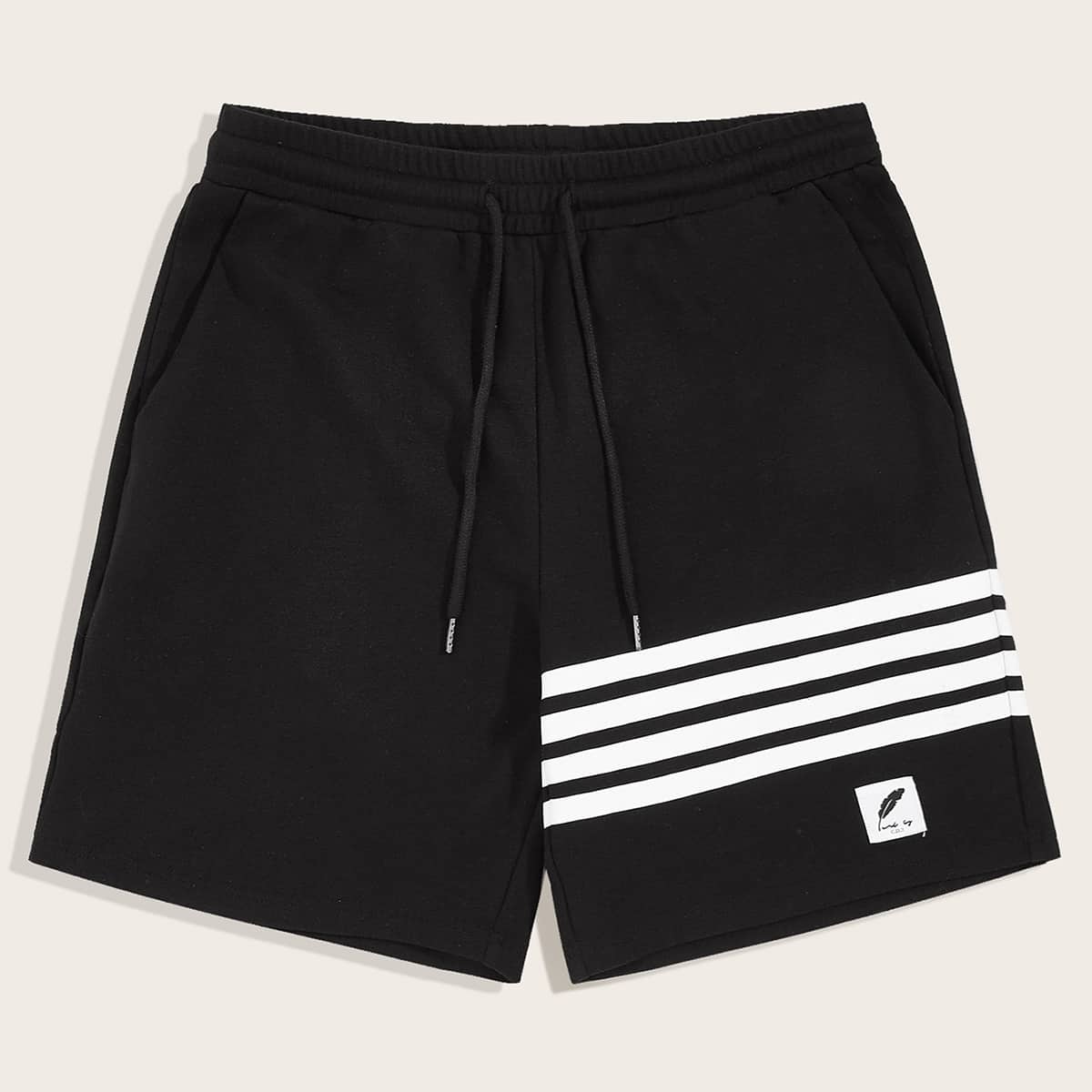 

Guys Drawstring Waist Patched Detail Striped Shorts, Black