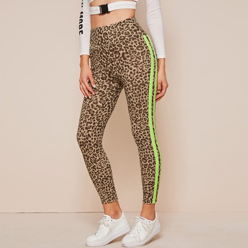 

Wide Waistband Neon Striped Side Leopard Leggings, Multicolor