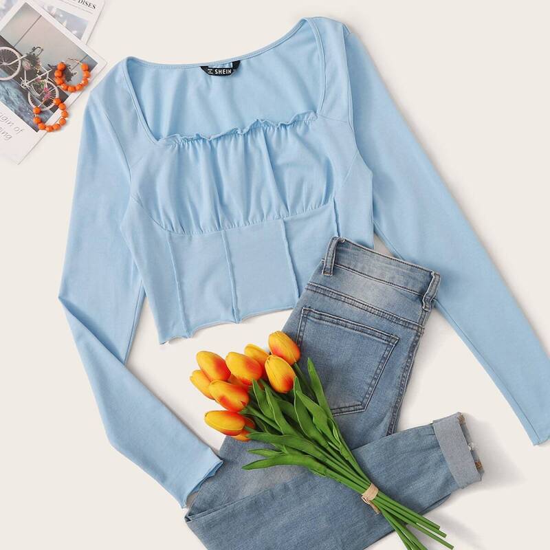 

Frill Trim Ruched Bust Fitted Crop Tee, Baby blue