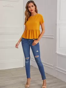 SHEIN Dip Hem Raglan Sleeve Peplum Top - Yellow - View 3