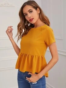 SHEIN Dip Hem Raglan Sleeve Peplum Top - Yellow - View 4
