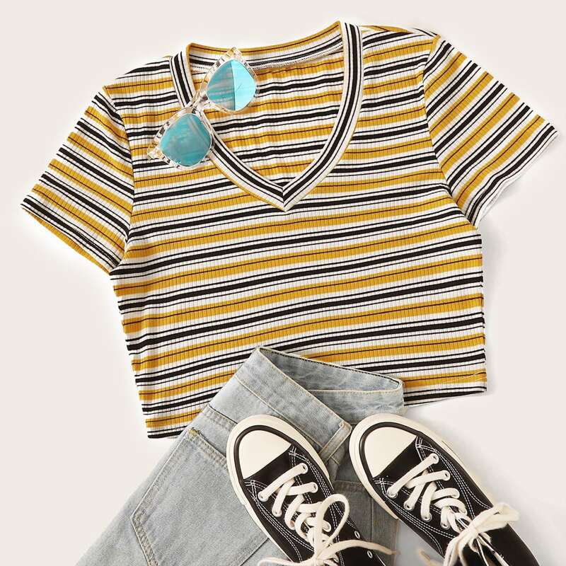 

Striped V-neck Ribbed Tee, Multicolor