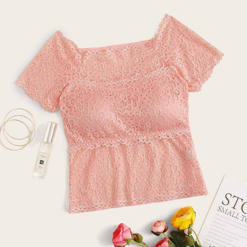 

Floral Lace Short Sleeve Bralette, Pink