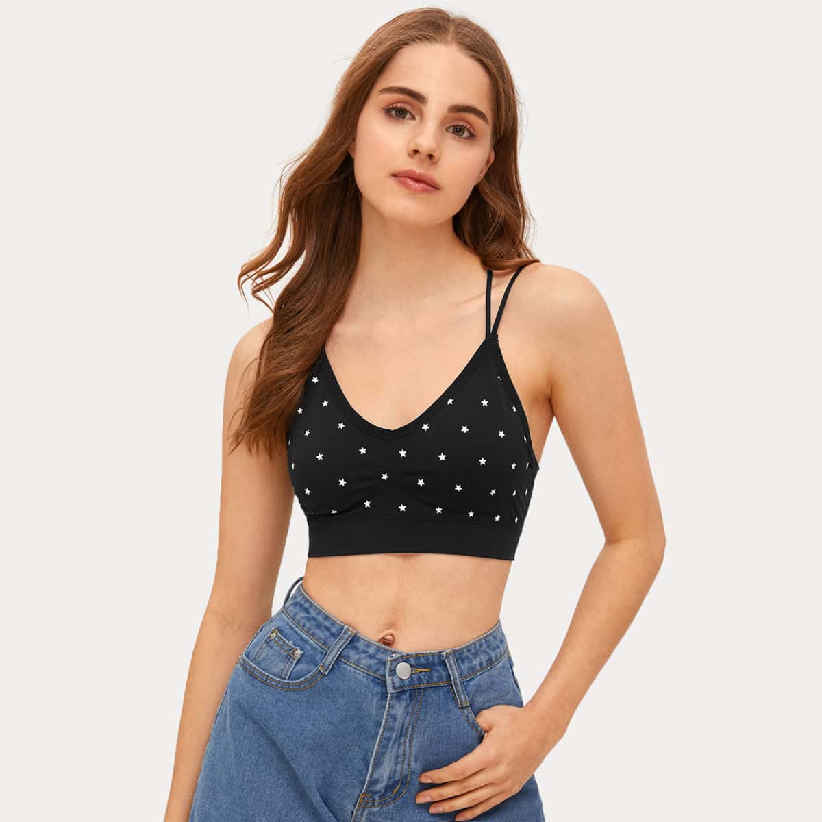 

Star Print Criss Cross Bralette, Black